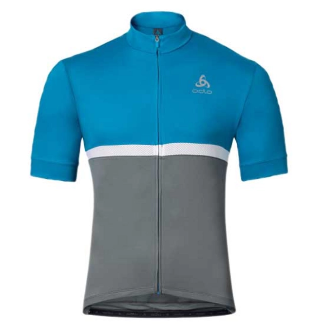 Cycling Jersey Odlo Mens Stand-Up Collar S/S Full Zip Fujin Blue Jewel Steel Grey