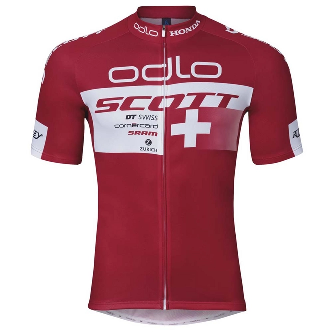 Cycling Jersey Odlo Mens Stand-Up Collar S/S Full Zip Scott Sram Red