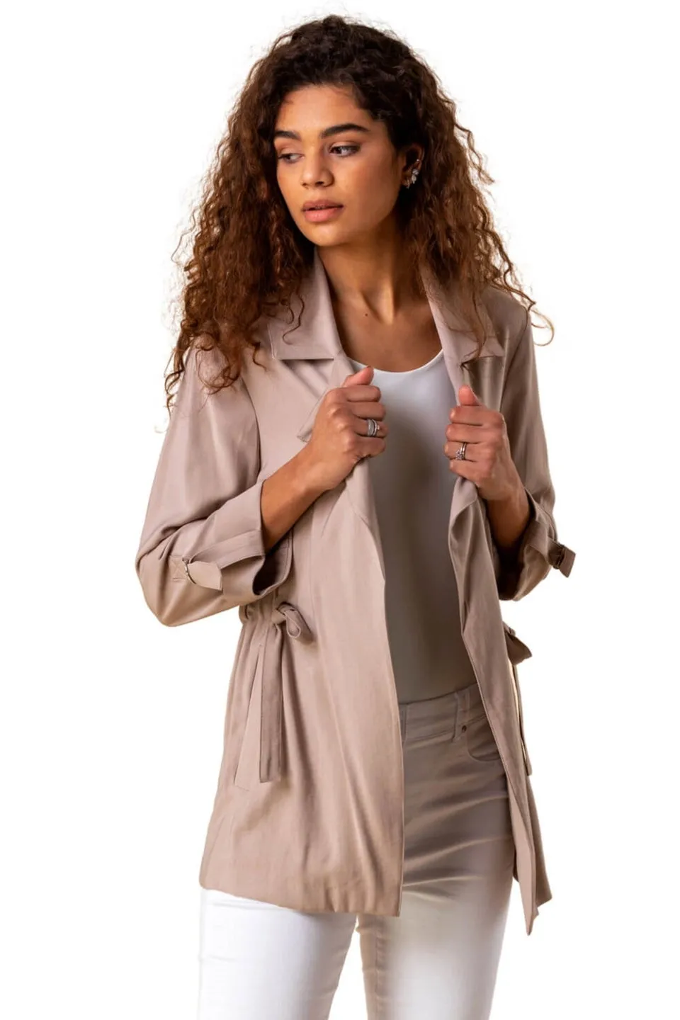 Roman Stone 3/4 Sleeve Tie Waist Longline Jacket