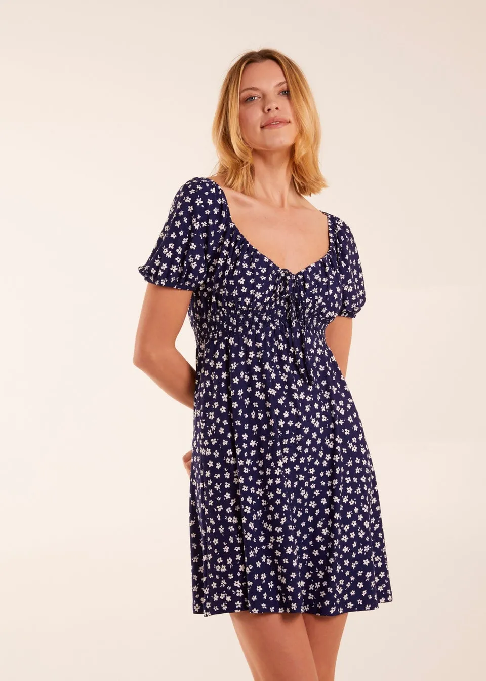 Blue Vanilla Navy Sweet Heart Neck Floral Mini Dress