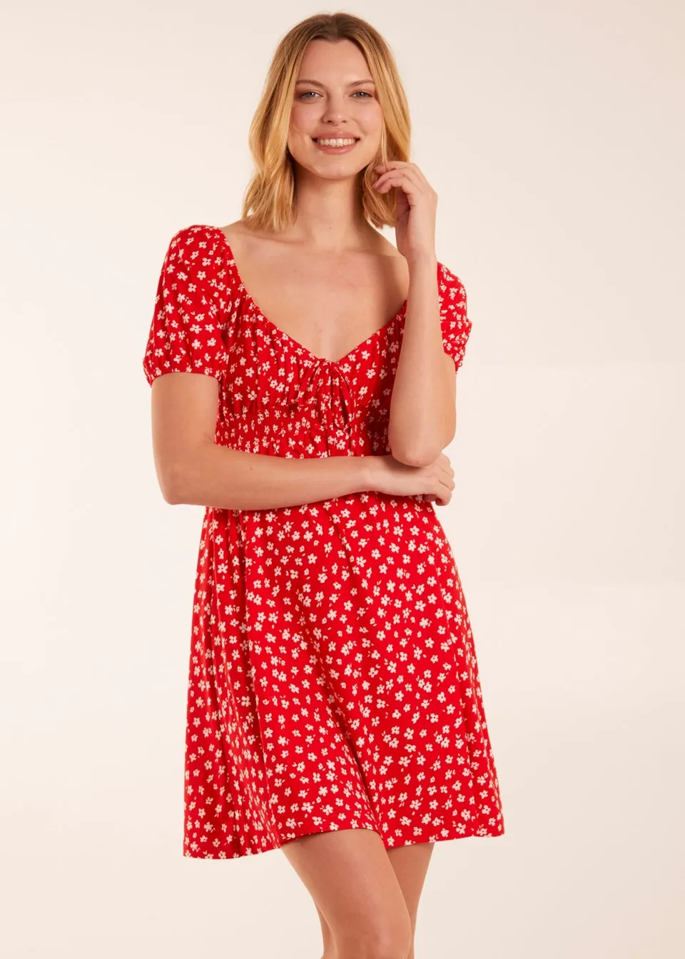 Blue Vanilla Red Sweet Heart Neck Floral Mini Dress