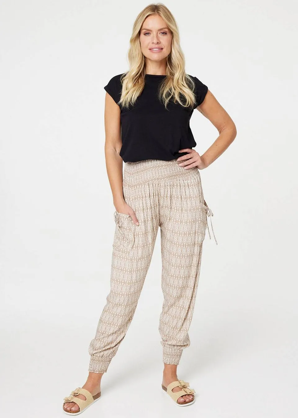 Izabel London Beige Printed Elasticated Harem Pants
