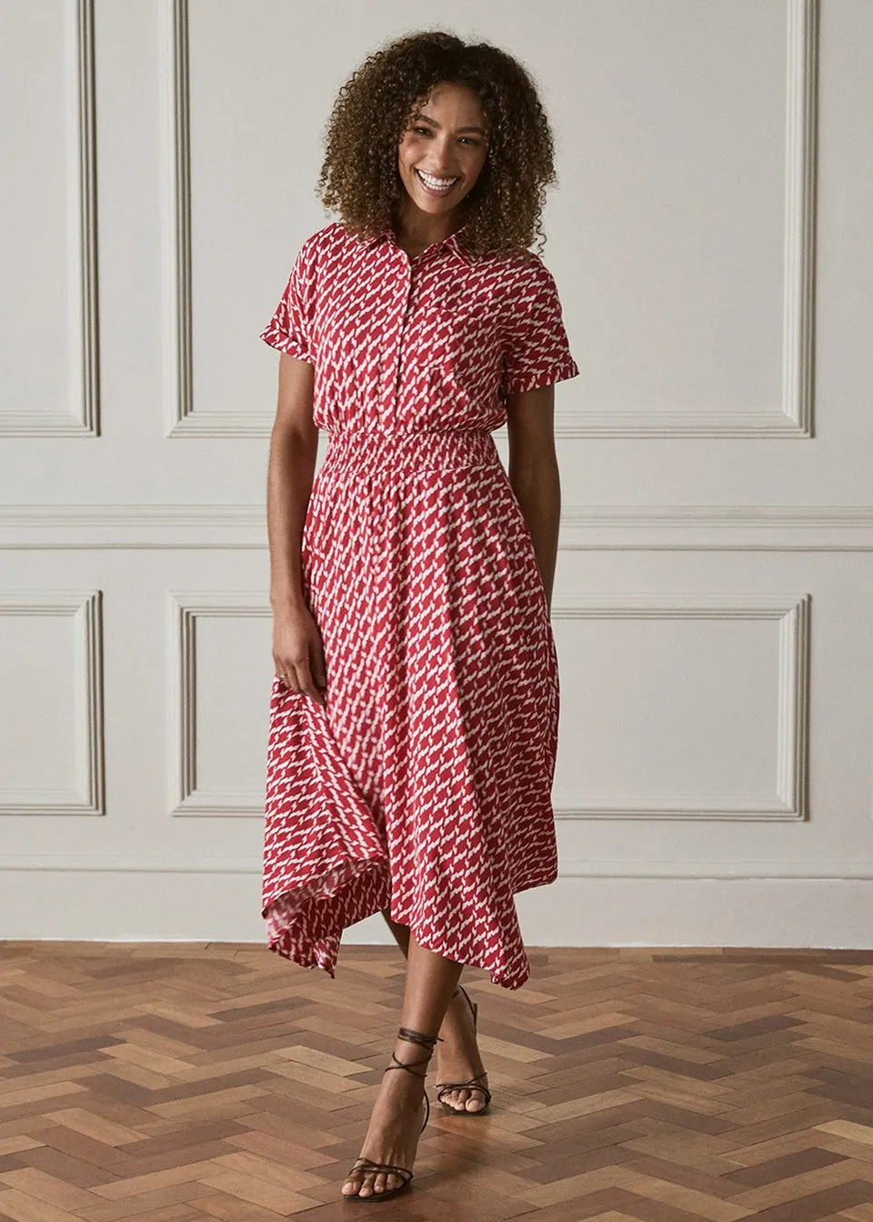 Izabel London Red Geo Print Hanky Hem Midi Dress