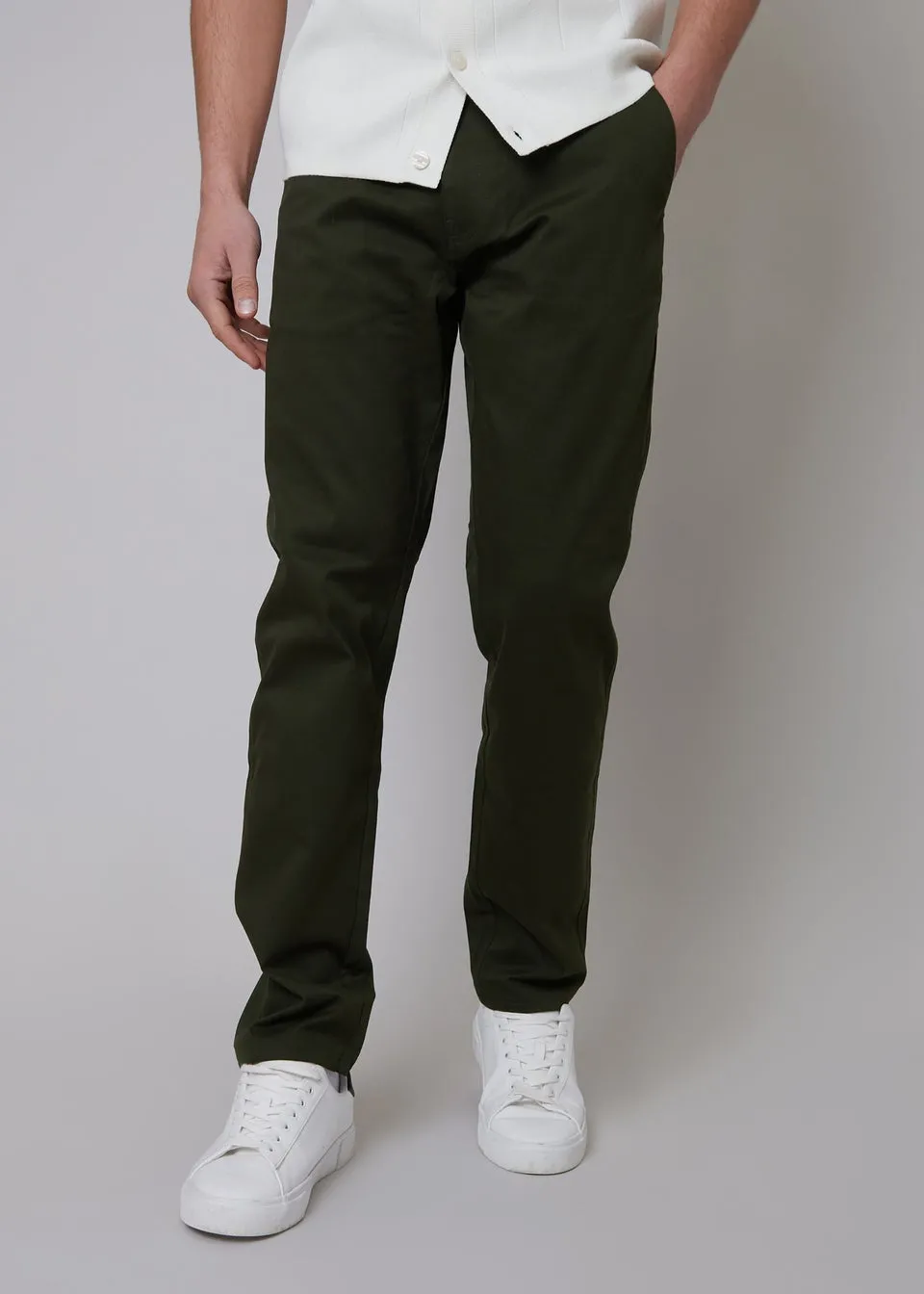 Threadbare Green Cotton Regular Fit Chino Trousers with Stretch