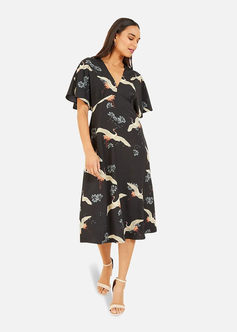 Yumi Black Crane Print Midi Dress
