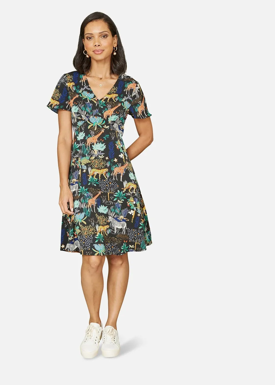 Yumi Black Jungle Print Skater Dress