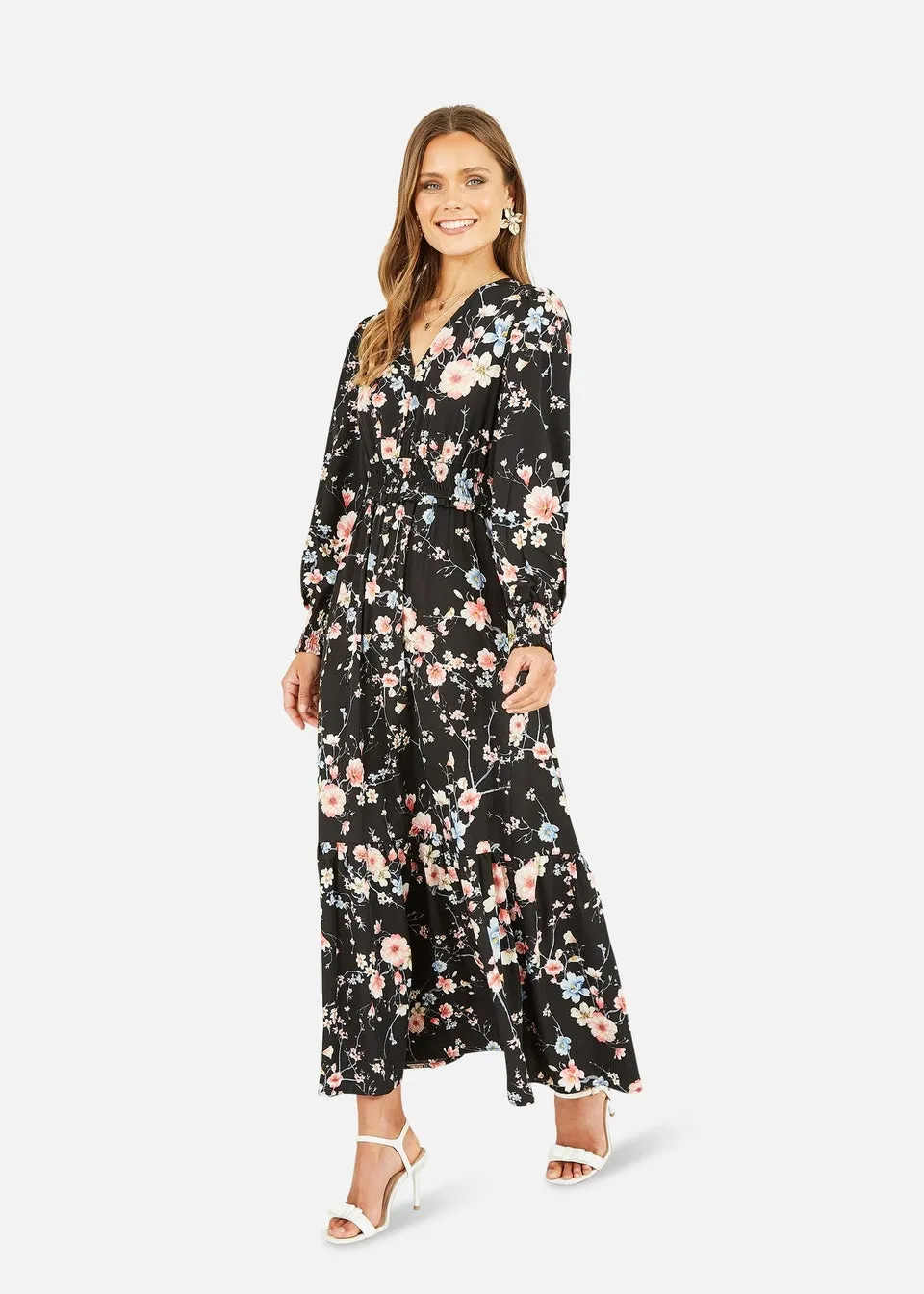 Yumi Black Blossom Floral Print Ruched Long Sleeves Midi Dress