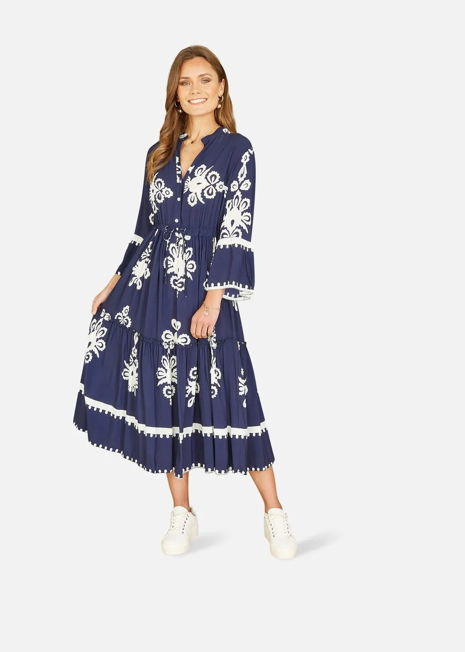 Yumi Navy Viscose Midi Dress With Long Sleeves