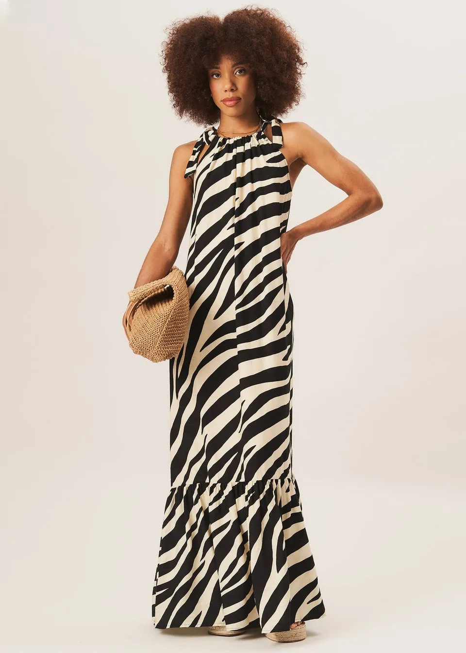 Gini London Mono Zebra Print Tie Shoulder Maxi Dress