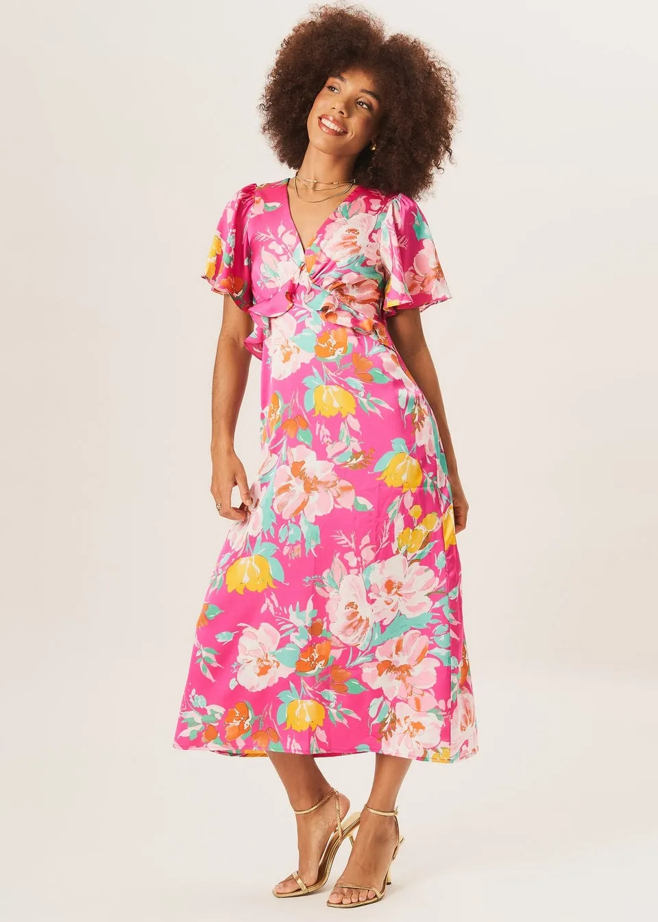 Gini London Pink Floral Print Angel Sleeves Midi Dress