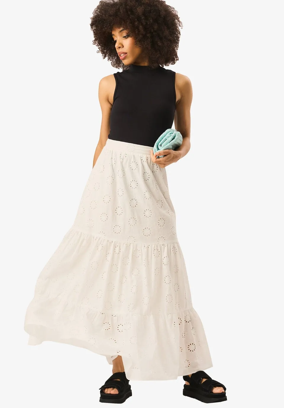 Gini London White Tiered Lace Embroidered Long Skirt