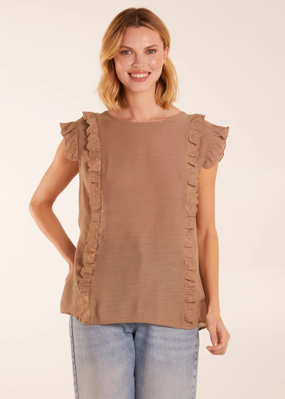 Blue Vanilla Brown Button Back Frill Top