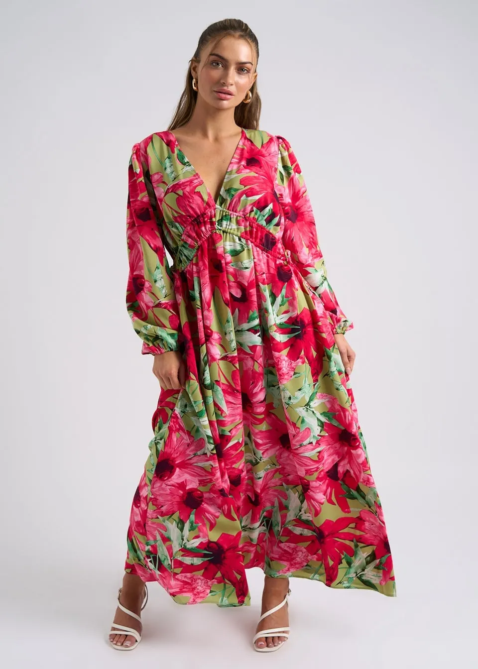 Urban Bliss Green Large Floral Ruched Smock Dress