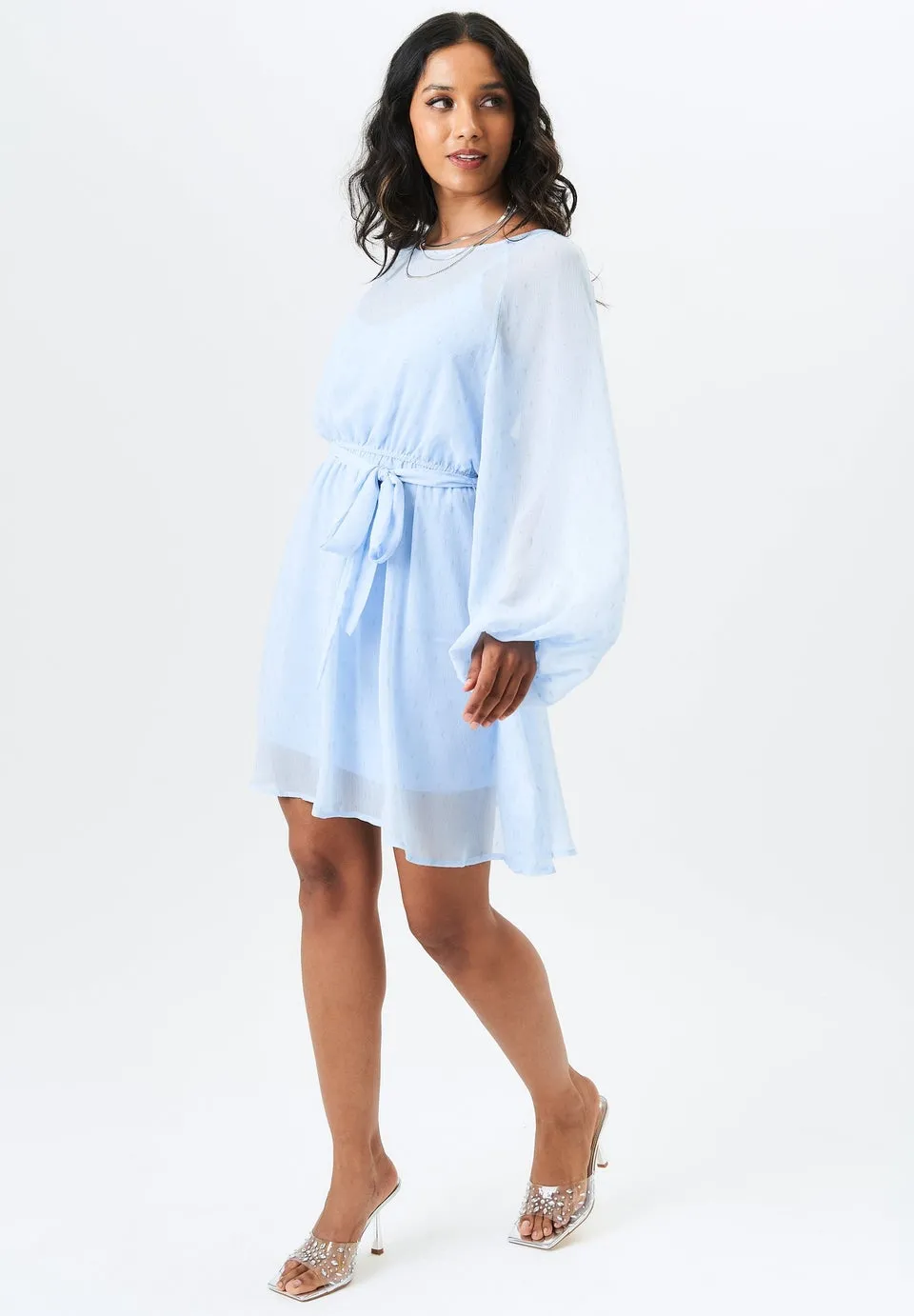 Gini London Blue Long Sleeve Chiffon Foil Mini Dress