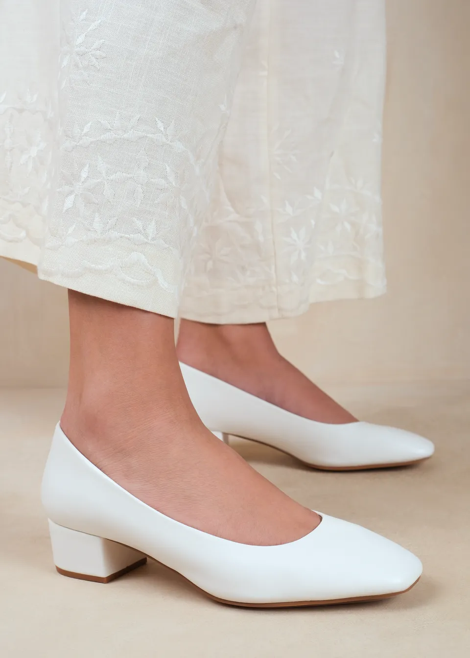 Where's That From Seattle White Pu Square Toe Block Heels