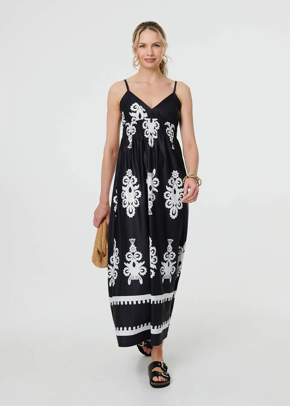 Izabel London Black & White Ikat Print Sleeveless Shirred Maxi Dress