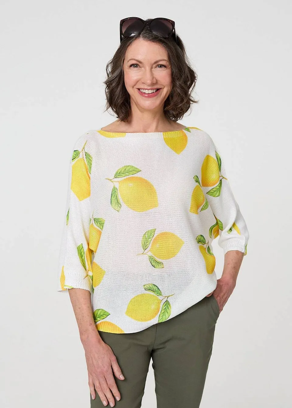 Izabel London Yellow Printed 3/4 Sleeve Knit Texture Top