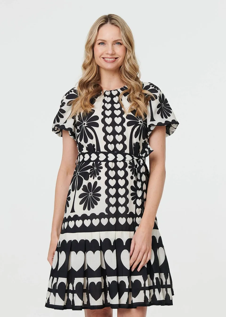 Izabel London Black Heart Print Tie Waist Short Skater Dress