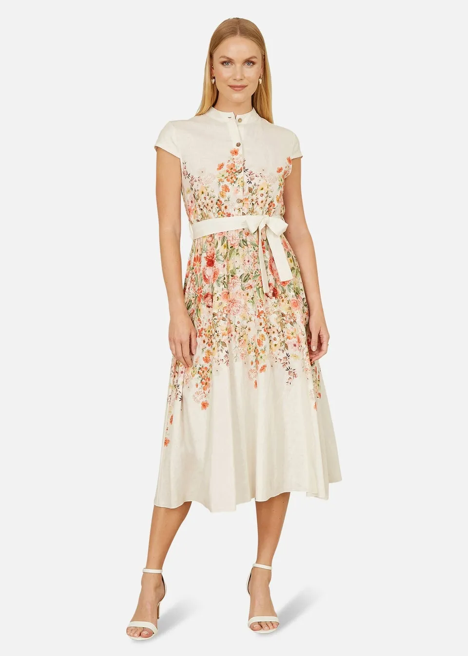 Yumi White Linen Floral Mirrored Placement Skater Dress