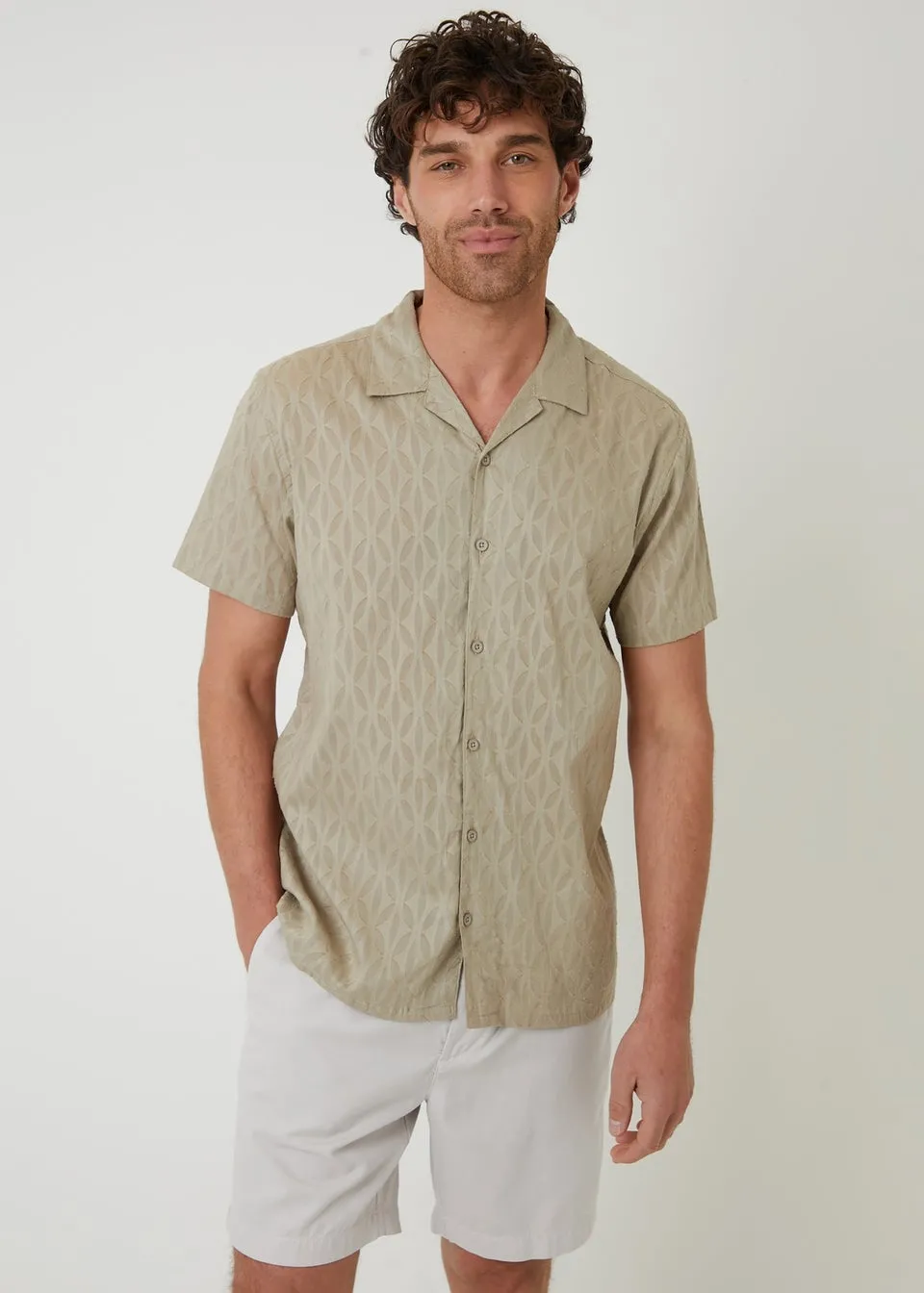 Threadbare Stone Cotton Pluck Textured Short Sleeve Shirt