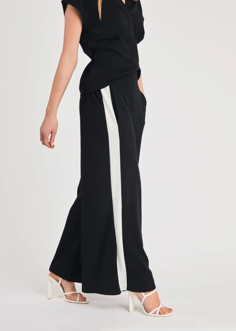 French Connection Black Wide Leg Crepe Trousers with Leg Stripe