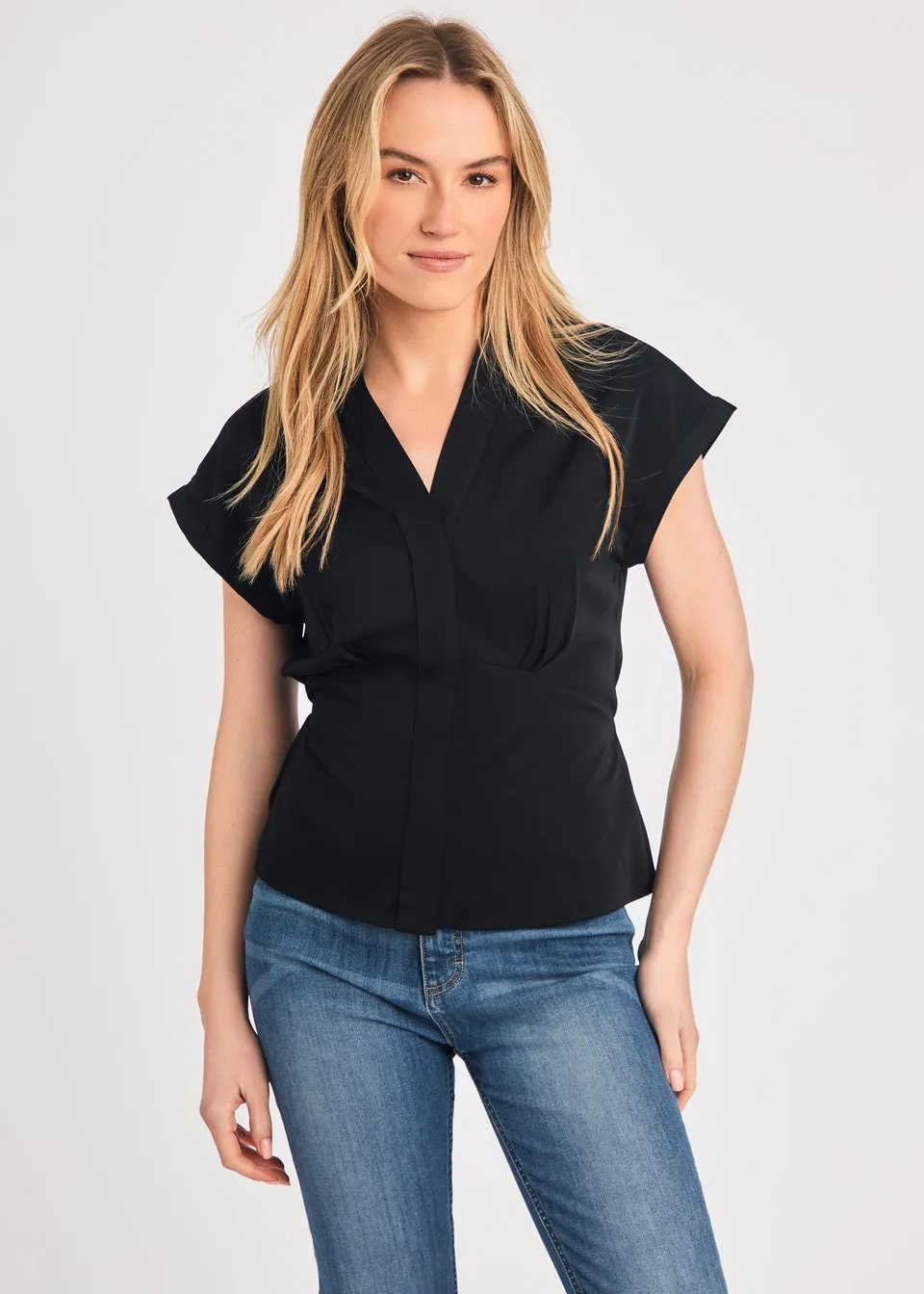 French Connection Black V-Neck Button Up Short Sleeve Crepe Blouse