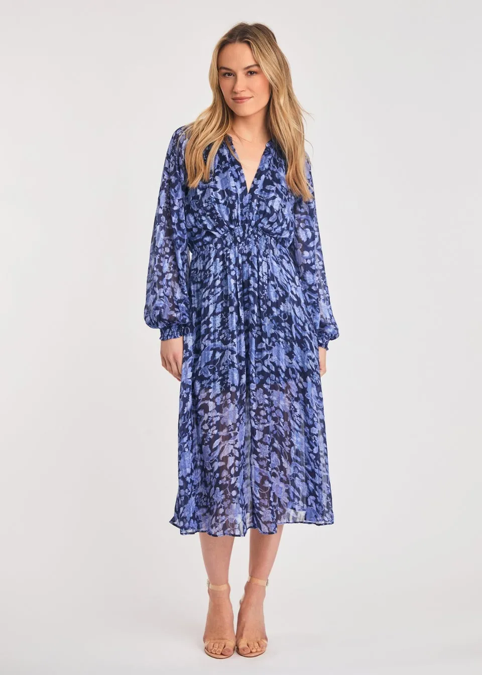 French Connection Blue Long Sleeve Shirred Floral Midi Dress