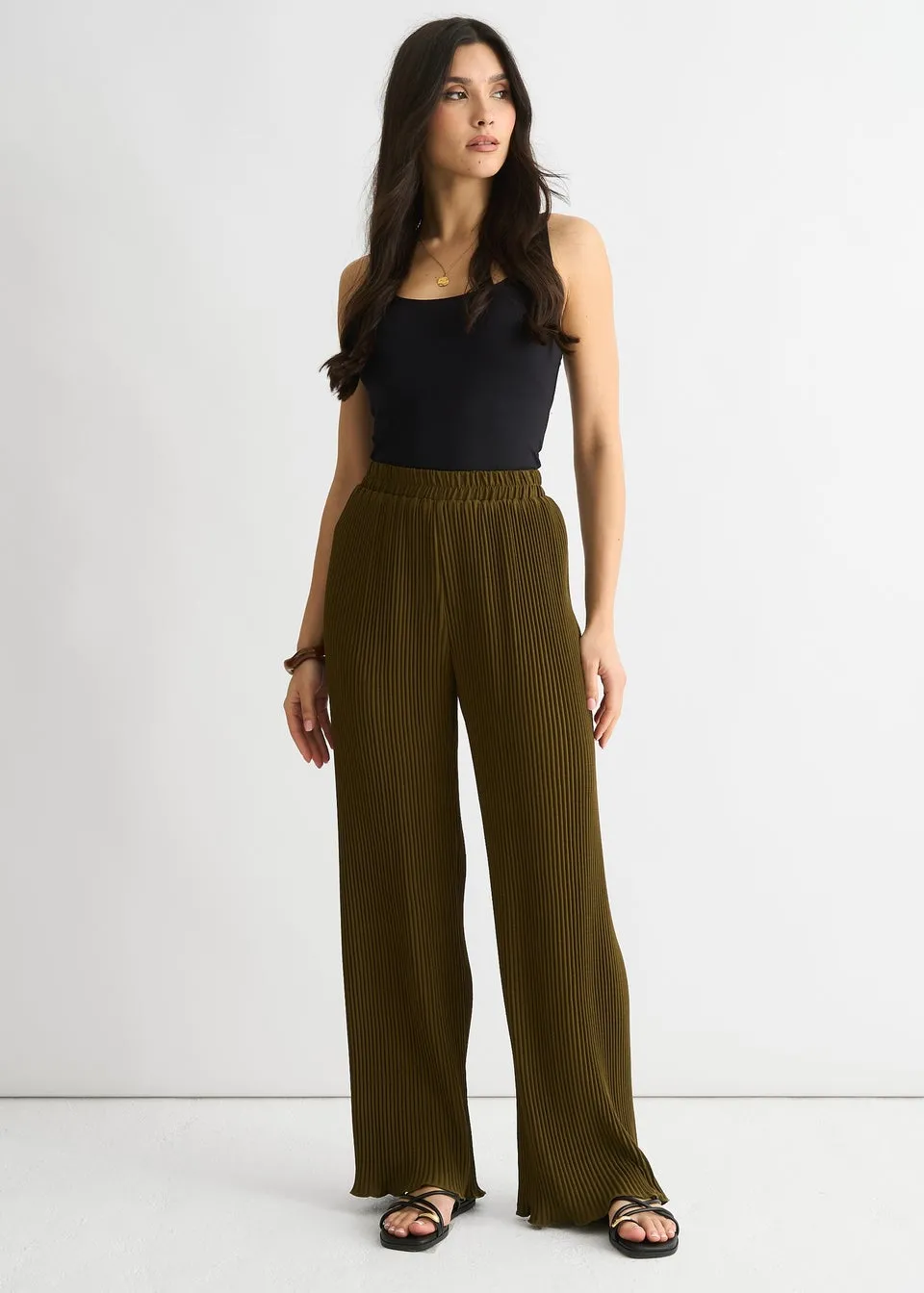 Gini London Olive Plisse Loungewear Wide Leg Trouser