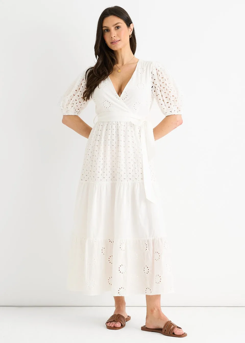 Gini London White Wrap Broderie Cotton Belted Midi Dress