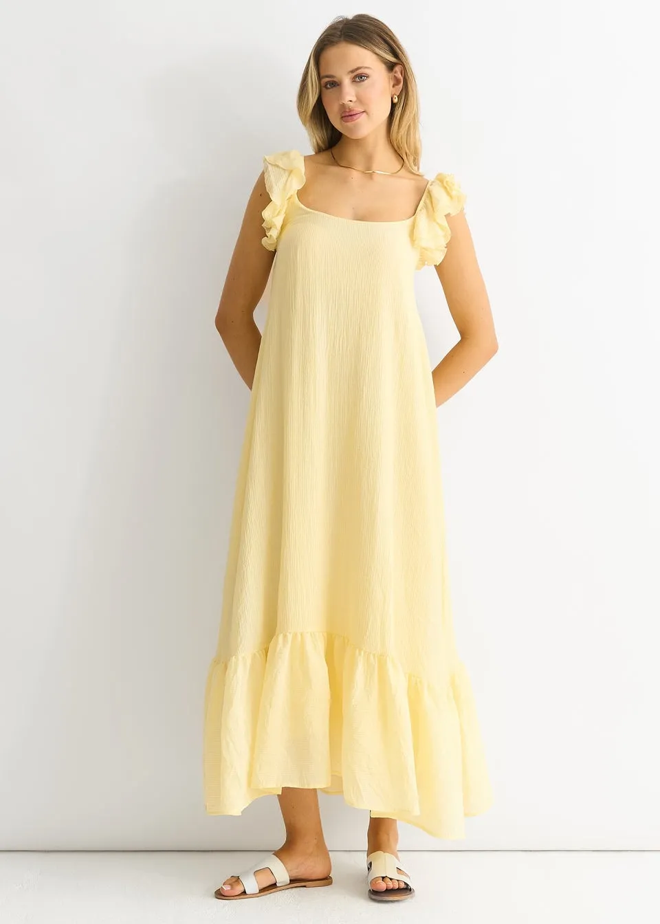 Gini London Yellow Ruffle Short Sleeve Viscose Maxi Dress
