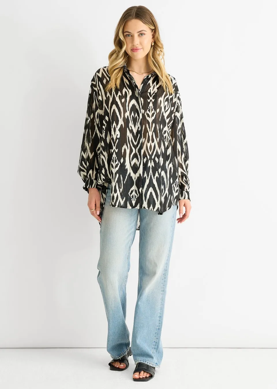 Gini London White Mono Abstract Print Oversized shirt