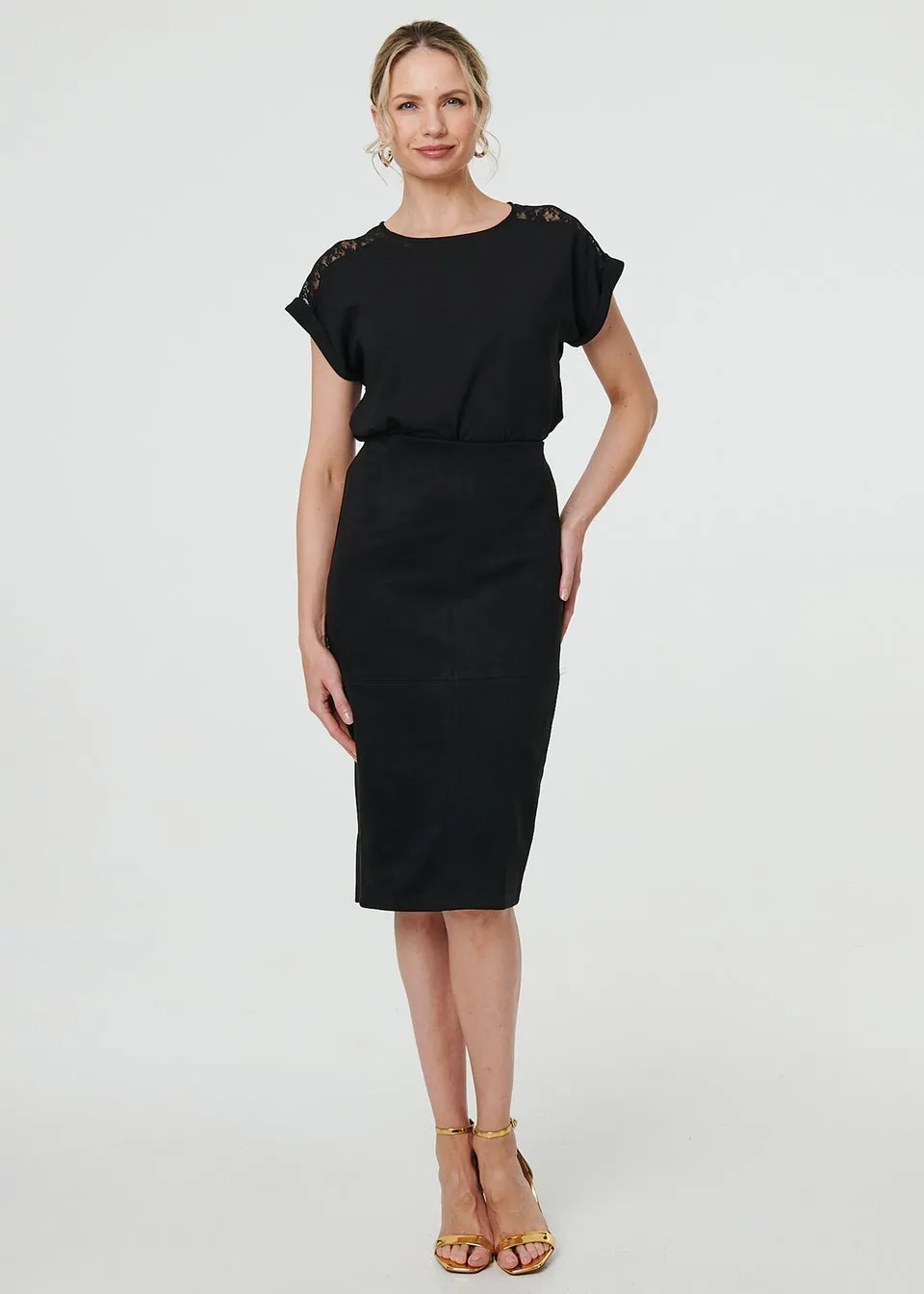 Izabel London Black Faux Suede Knee Length Pencil Skirt