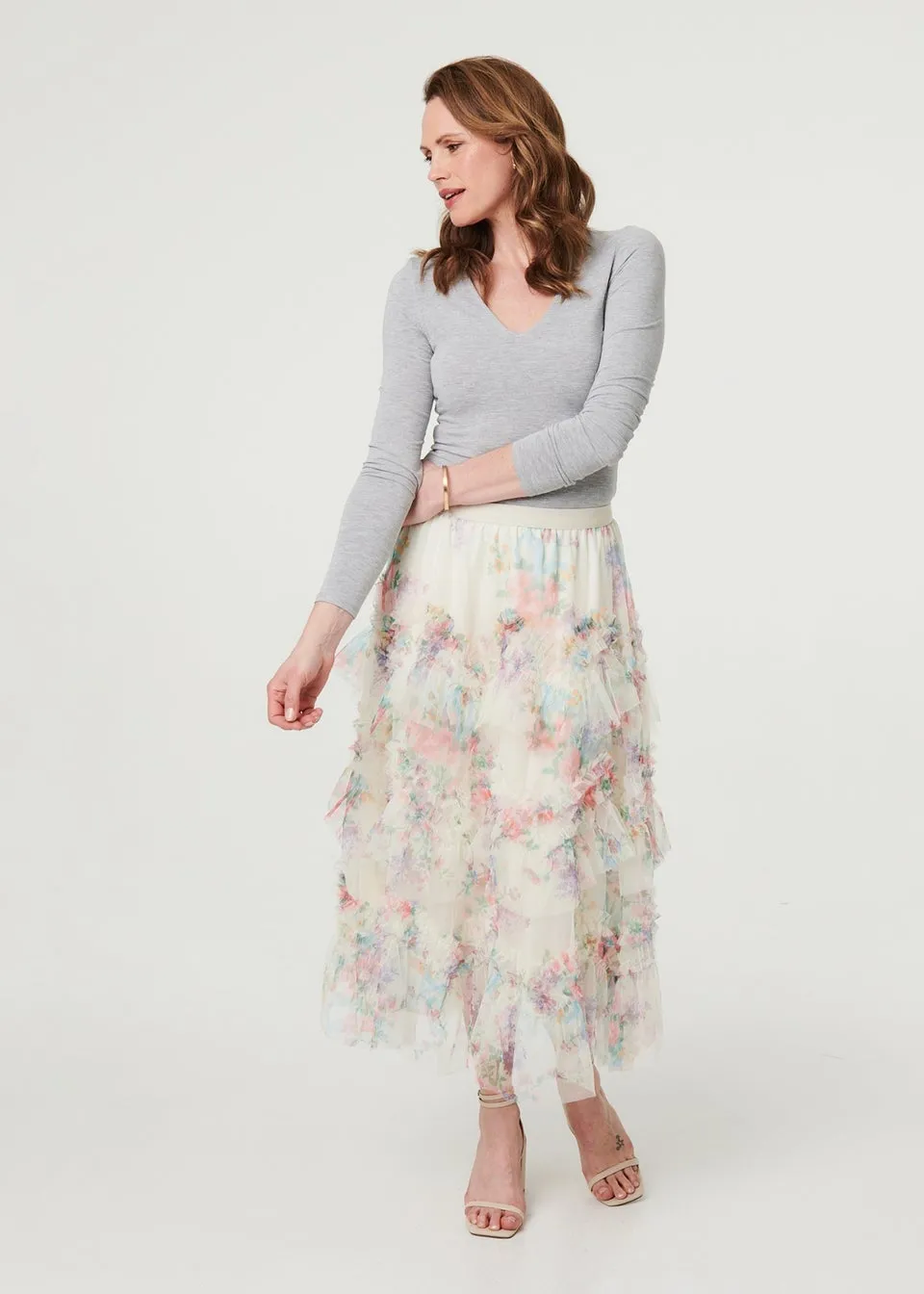 Izabel London White Floral Semi Sheer Mesh Ruffled Midi Skirt