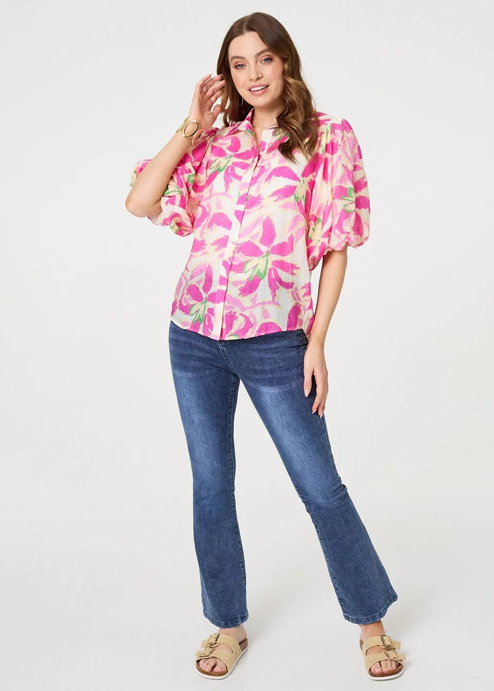 Izabel London Pink Floral Puff Sleeve Collared Shirt