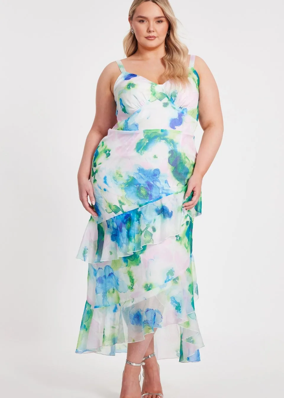 Quiz Blue Curve Floral Chiffon Midaxi Dress