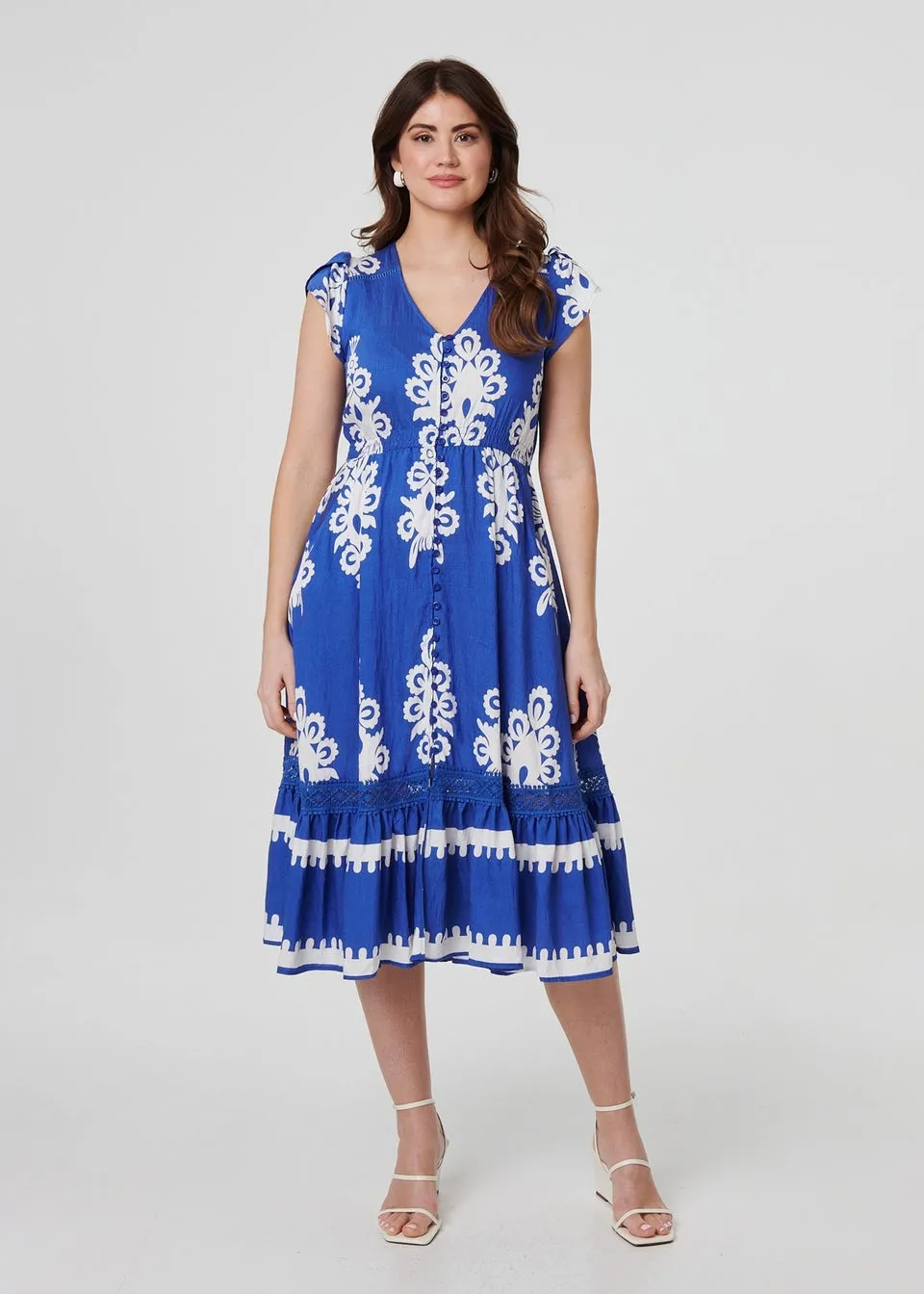 Izabel London Blue Ikat Print Cap Sleeve Lace Midi Dress