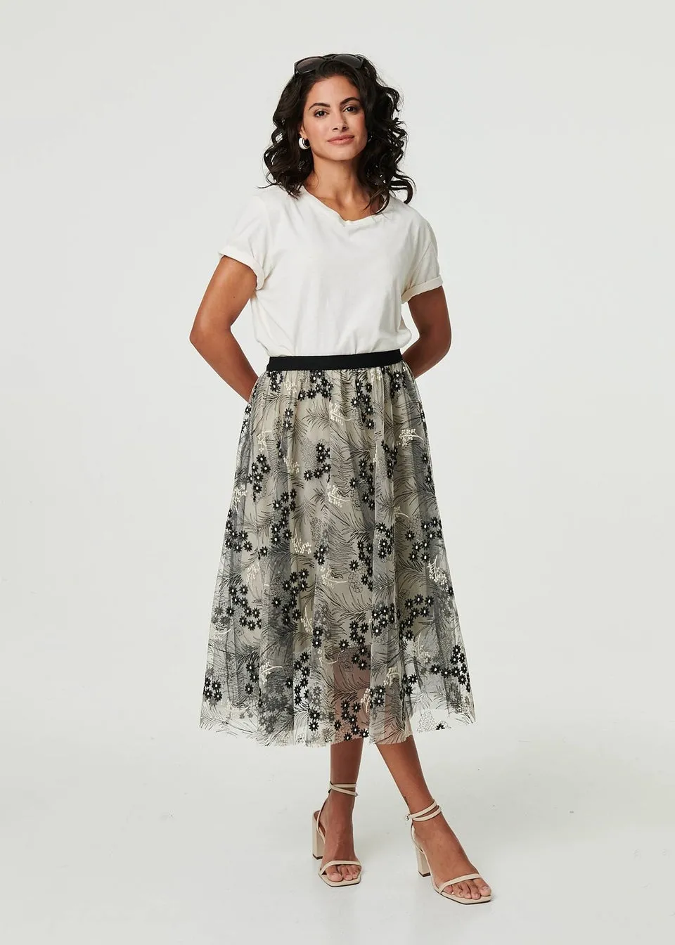 Izabel London Beige Printed A Line Midi Skirt