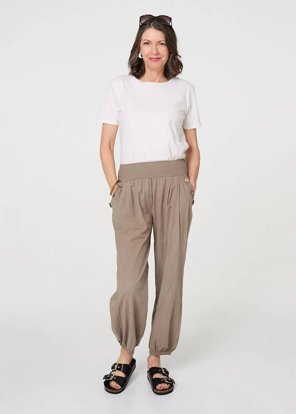 Izabel London Beige Elasticated High Waist Loose Trousers