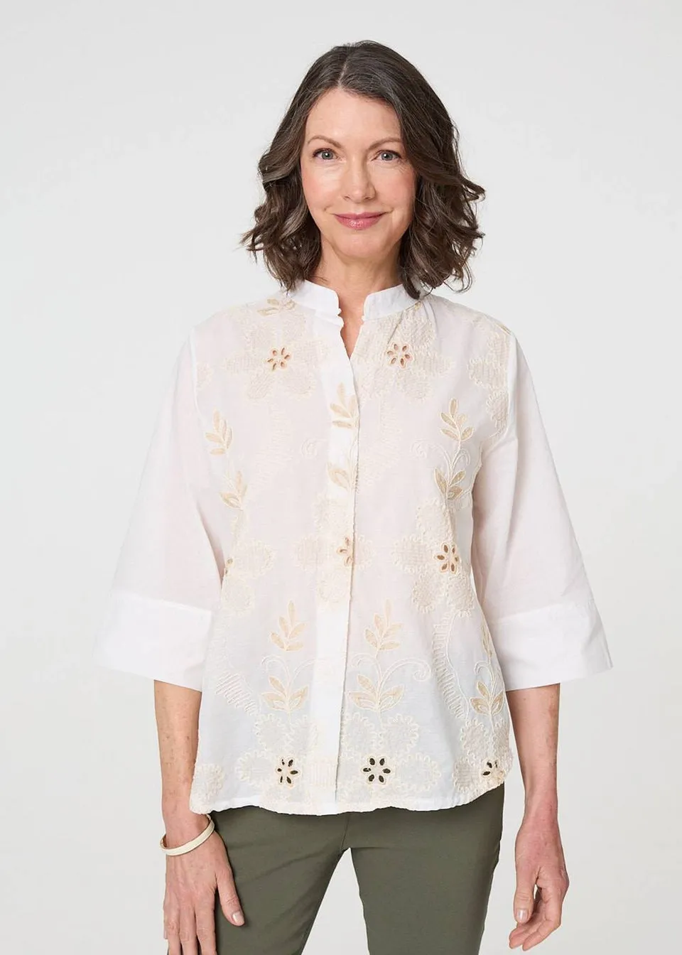 Izabel London White Floral Embroidered Texture V Neck Blouse