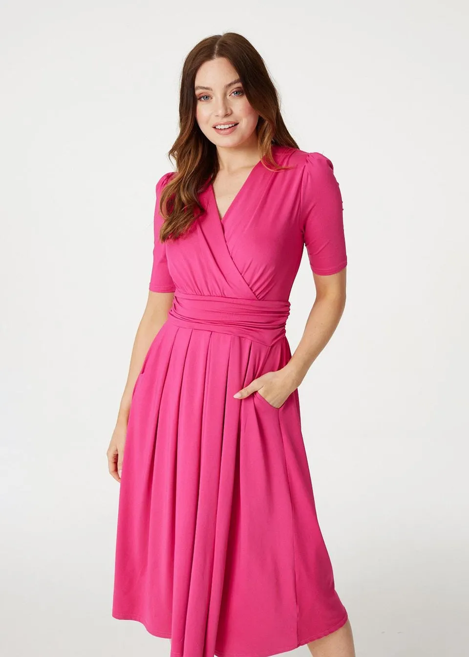 Izabel London Pink Ruched Waist Jersey Wrap Dress