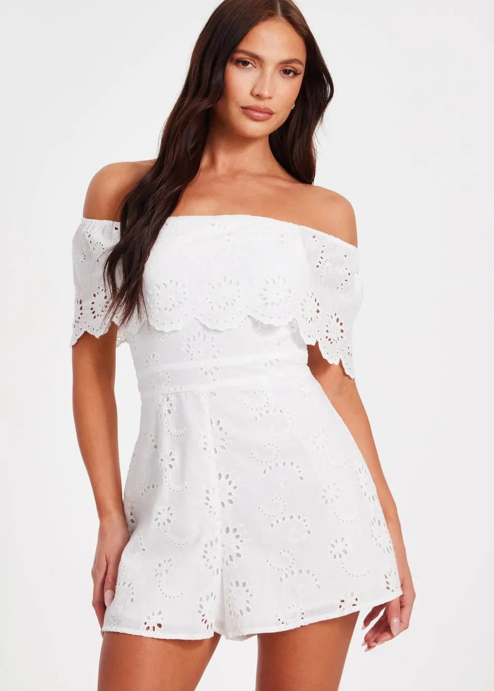 Quiz White Embroidered Bardot Playsuit