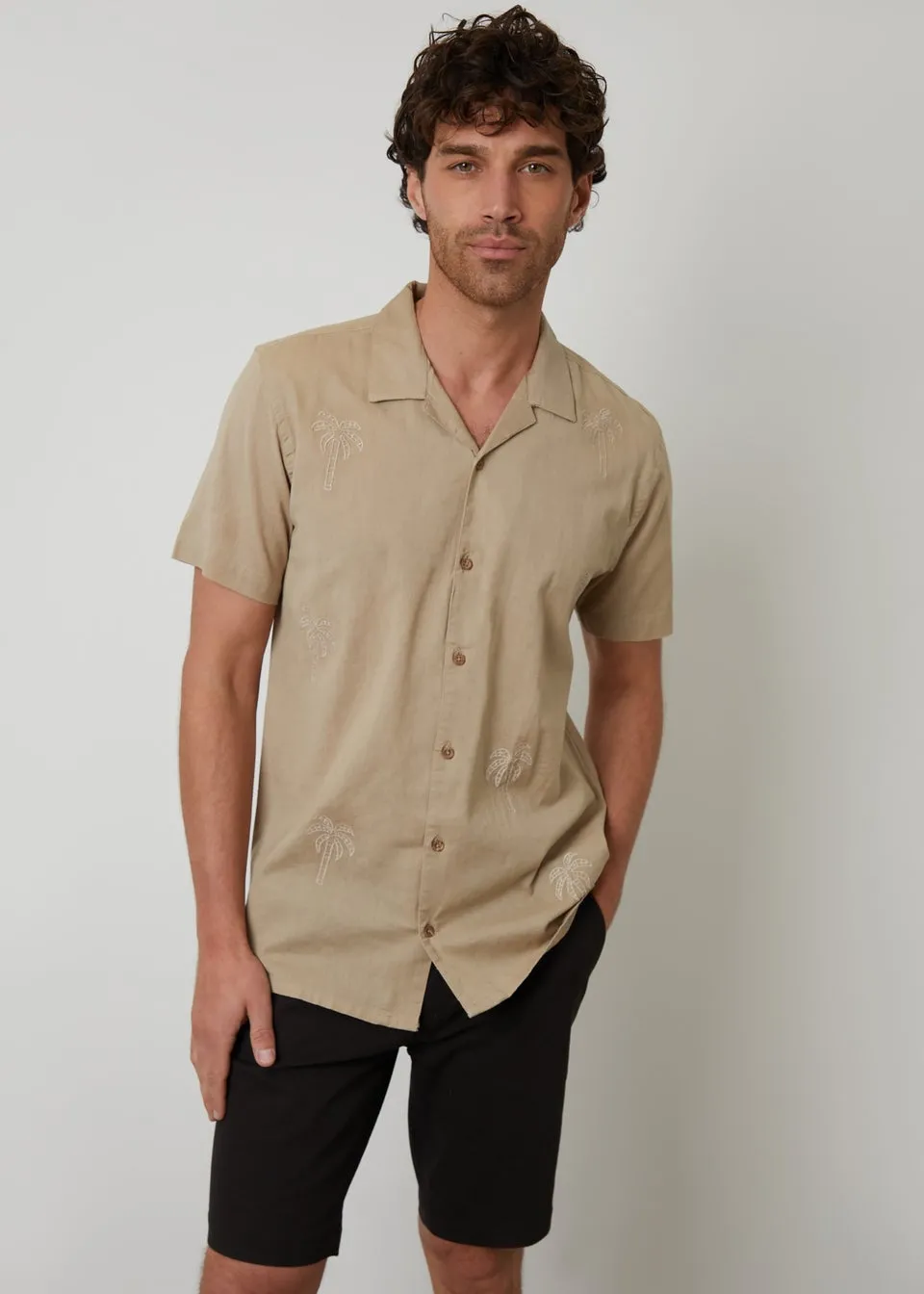 Threadbare Stone Linen Blend Palm Embroidered Short Sleeve Shirt