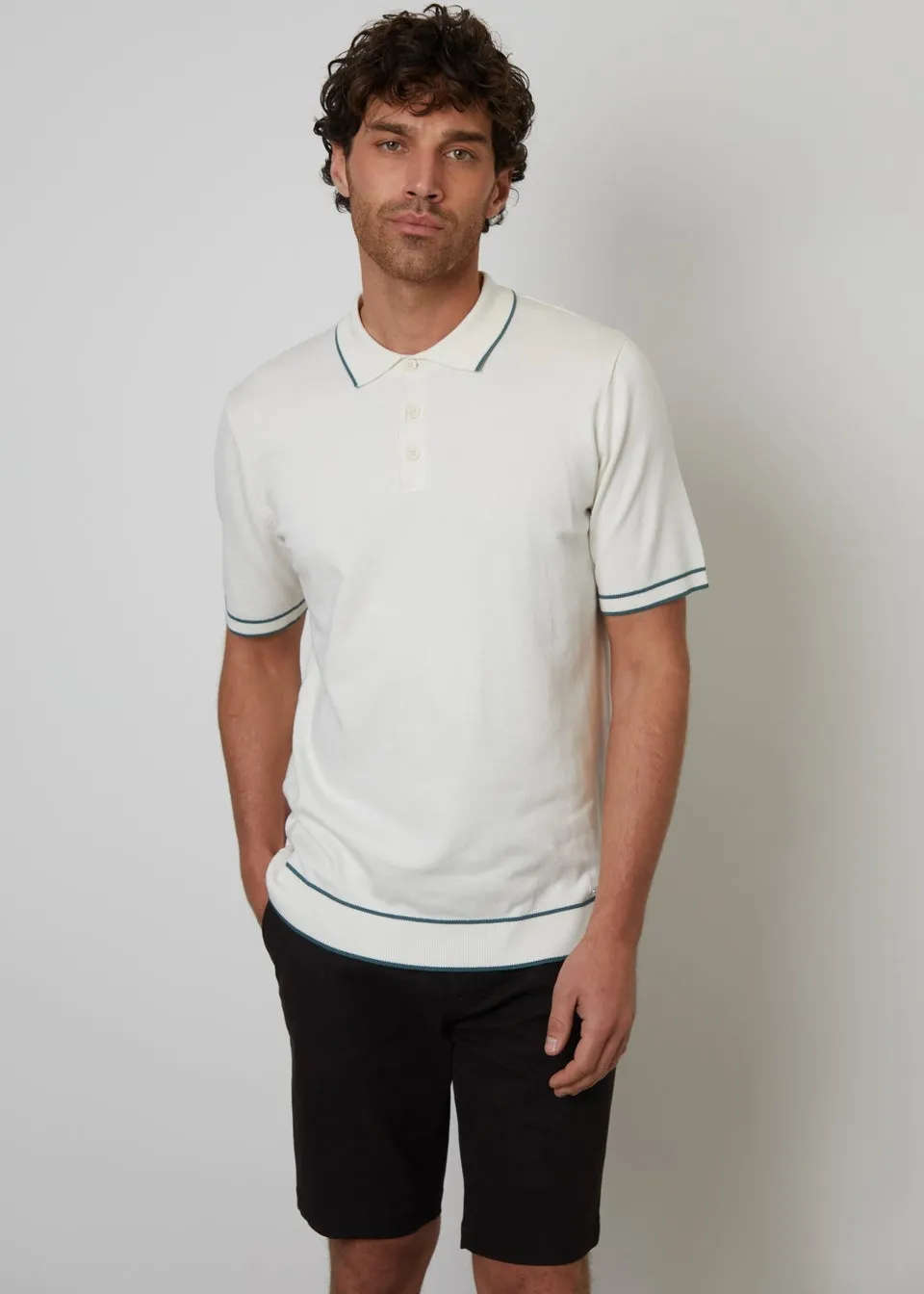Threadbare Ecru Knitted Short Sleeve Polo Shirt