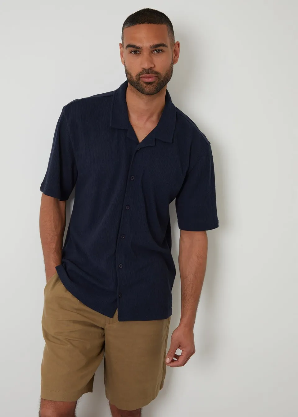 Threadbare Navy Textured Relaxed Fit Short Sleeve Shirt