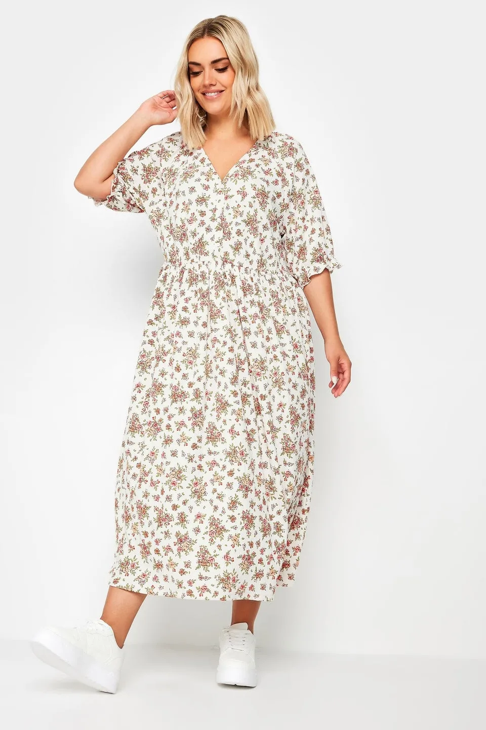 Yours Curve White & Pink Vintage Floral Textured Midaxi Dress