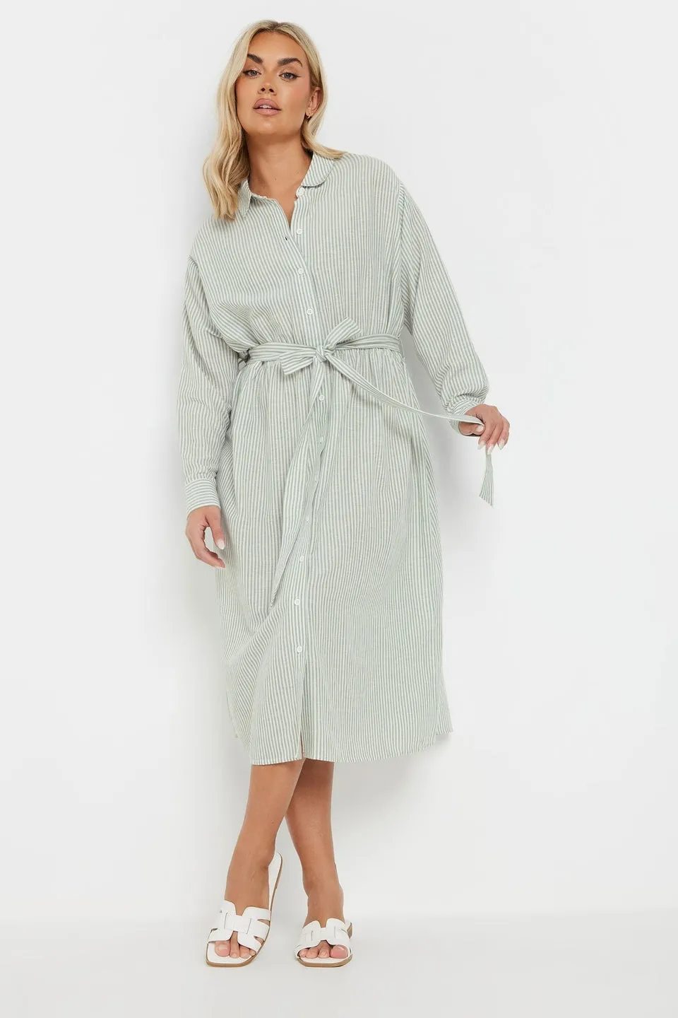 Yours Curve Sage Green Linen Stripe Shirt Dress