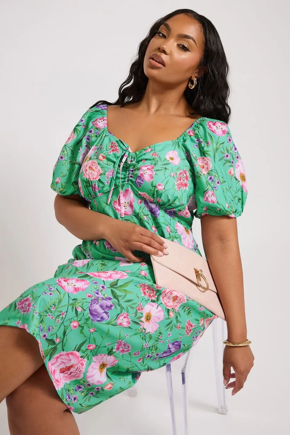 Yours London Curve Teal Green Floral Midi Dress