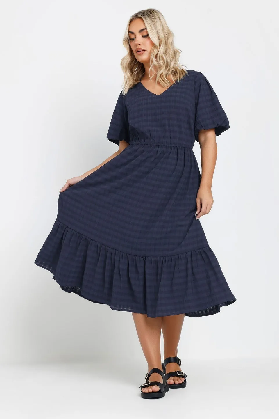 Yours Curve Navy Blue Textured Check Midi Dress