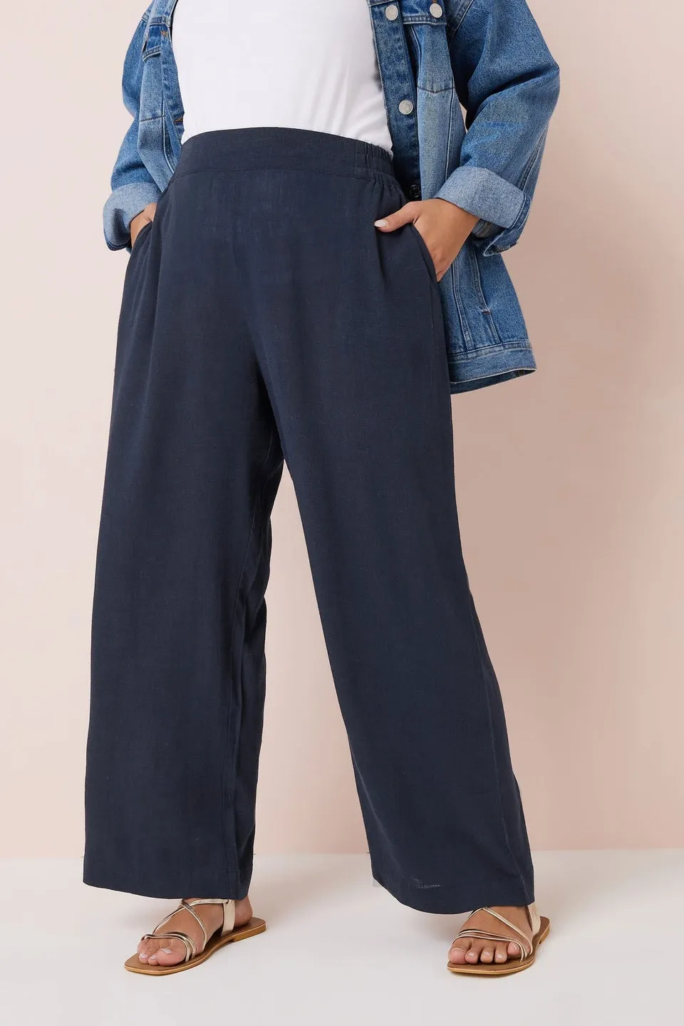 Yours Curve Navy Blue Linen Wide Leg Trousers