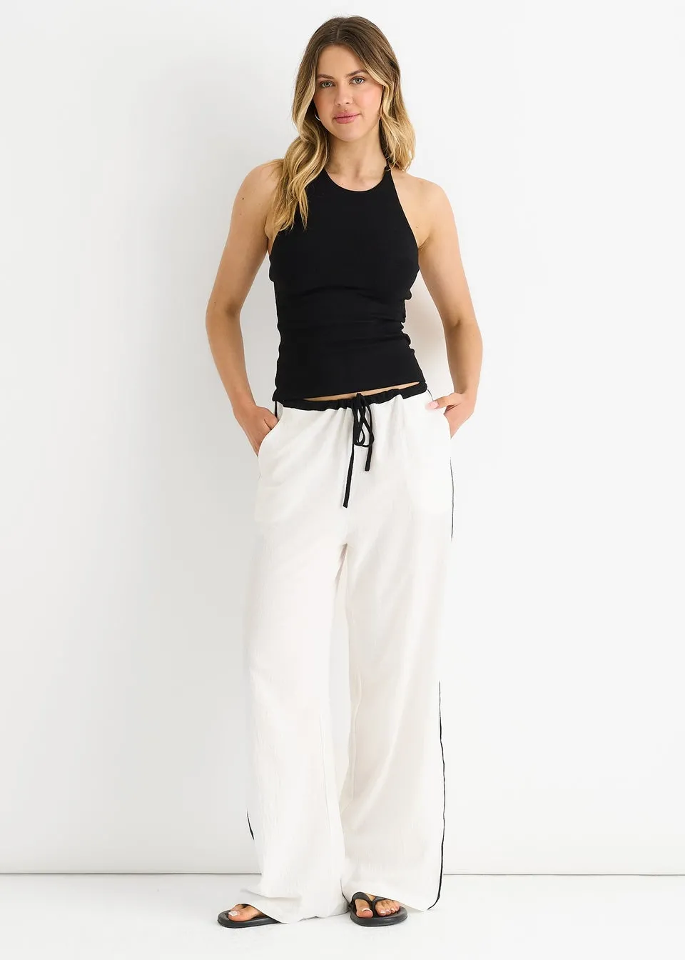 Gini London White Linen Look Contrast Stripe Drawstring Trouser